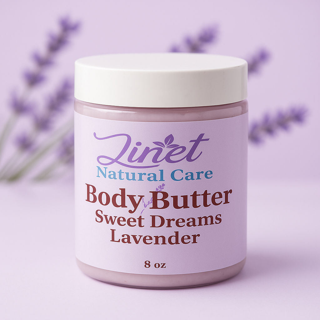 BODY BUTTER SWEET DREAMS. Mantequilla corporal de lavanda que hidrata, suaviza y relaja la piel con un aroma calmante. Ideal para uso diario o antes de dormir.
